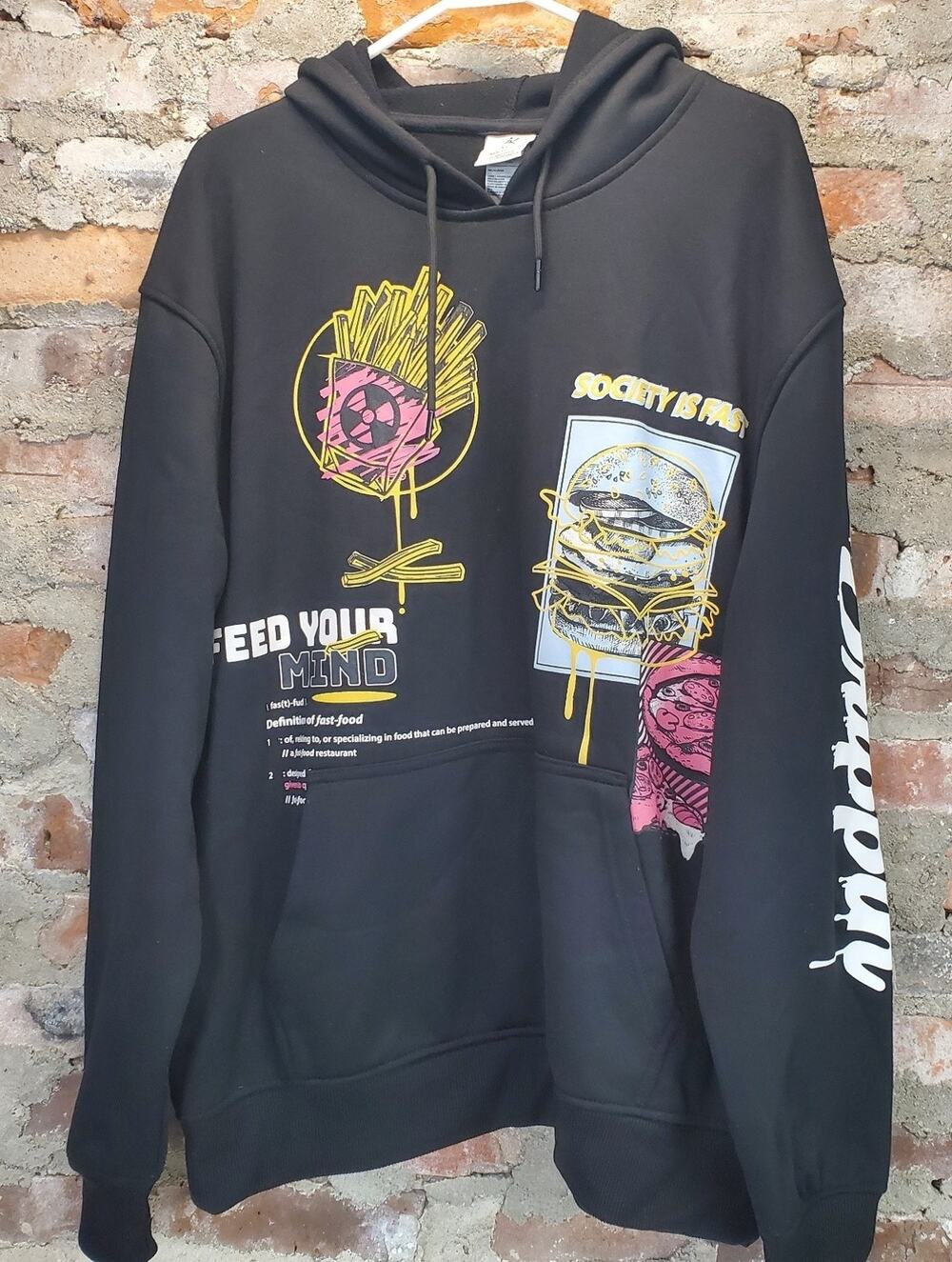 AK Mens Hoodie XL Black Graphic Print Fast Food Polyester Pullover Sweatshirt